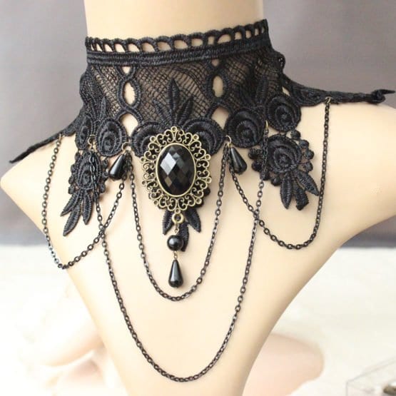Black Lace Choker w/ Pendant and Chain Swags 5