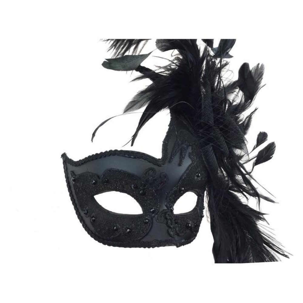 Black Venetian Mask w/ Net and Feather 11