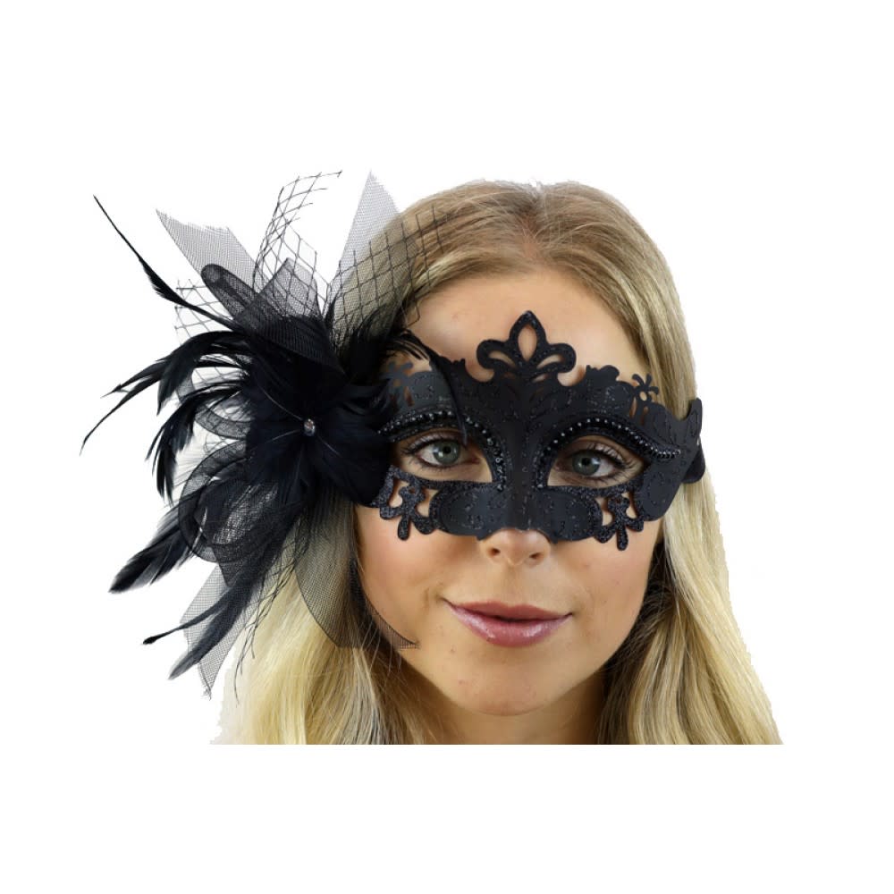 Black Venetian Mask w/ Fishnet and Feather 10