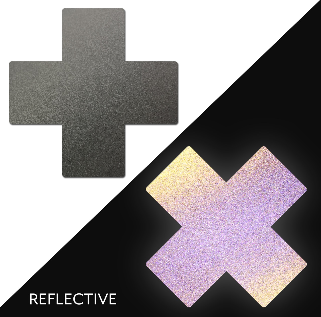 Plus X: Reflective Gun Metal Grey Cross Nipple Pasties 9