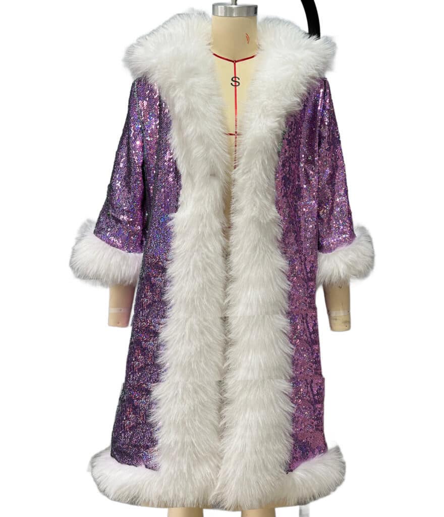 Long Purple Sequin Coat w/ Fur Trim 2
